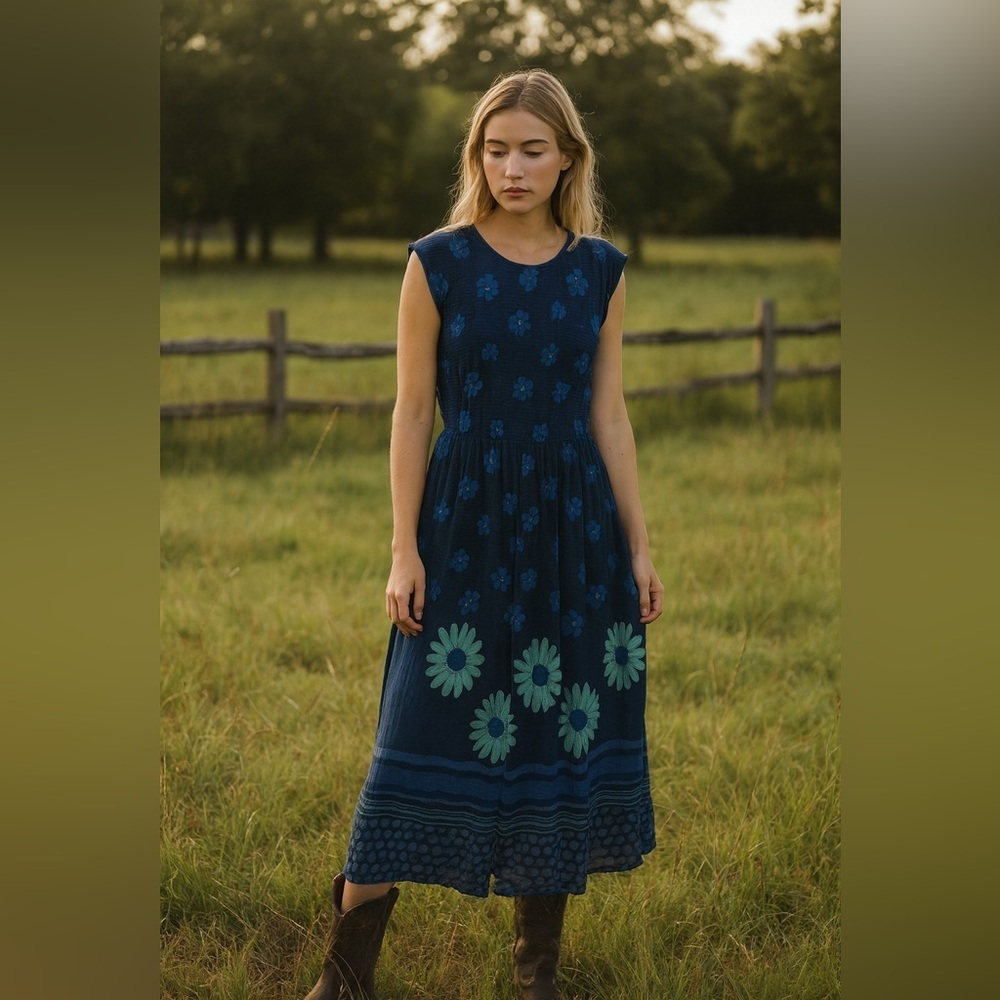 Vintage cottage blue Floral buttons front maxi Dress size large